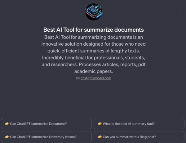 Best AI Tool for summarize documents: ChatGPT model